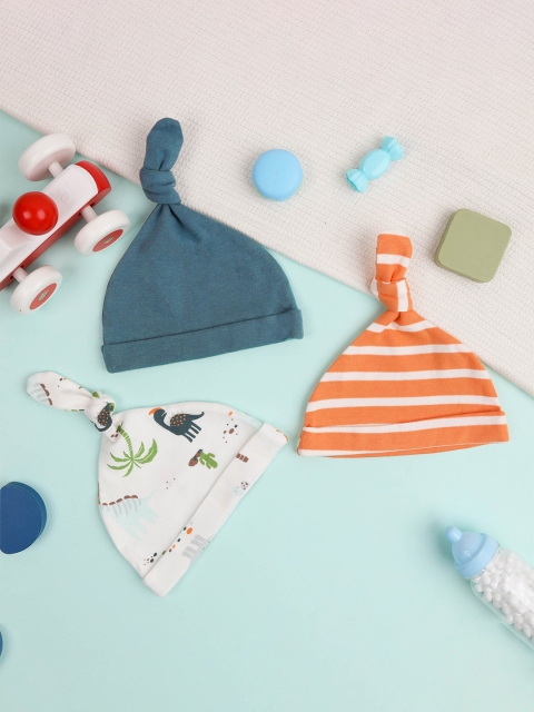 

KICKS & CRAWL Kids Set of 3 Teal & Orange Printed Beanie