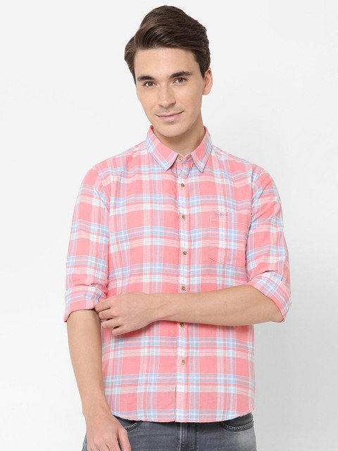 

Pepe Men Peach-Coloured Tartan Checks Checked Casual Shirt