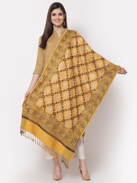 

KLOTTHE Women Yellow & Brown Embroidered Wool Stole