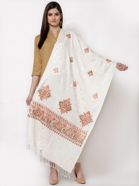 

KLOTTHE Women Cream & Red Embroidered Woolen Stole