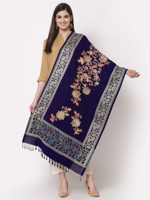 

KLOTTHE Women Blue & Gold-Coloured Embroidered Woollen Stole