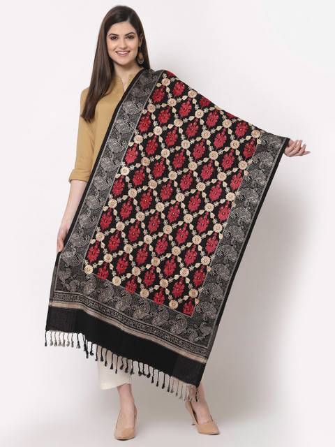 

KLOTTHE Women Black & Red Embroidered Woolen Stole