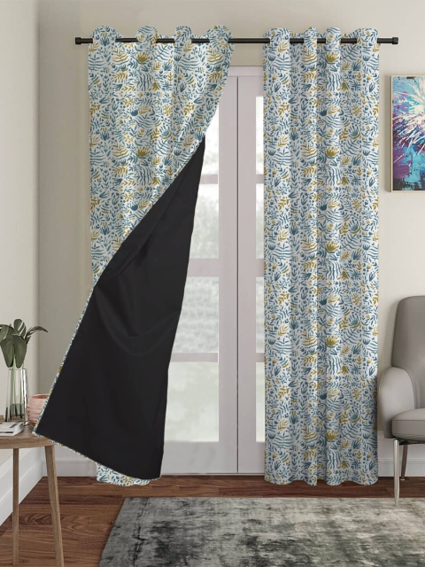 

HOUZZCODE White & Blue Floral Black Out Window Curtain