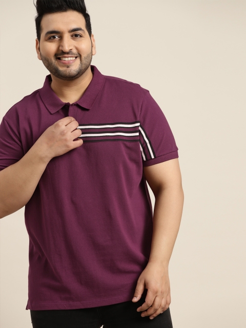 

Sztori Men Plus Size Burgundy Striped Detail Polo Collar Pure Cotton T-shirt