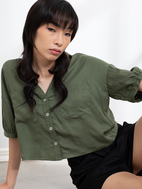 

ORIGIN BY ZALORA Women Green Solid Linen Oversized Cropped Shirt