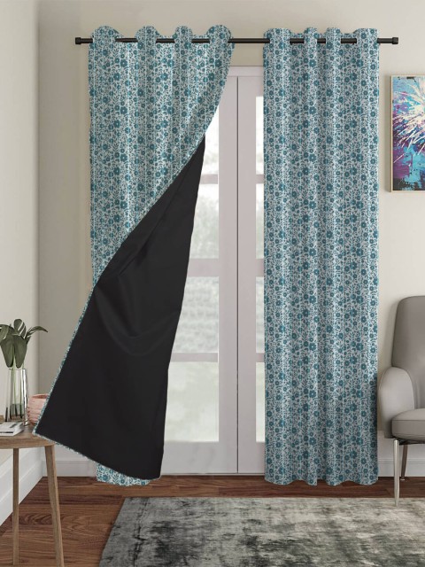 

HOUZZCODE Blue & White Set Of 2 Floral Printed Black Out Door Curtain