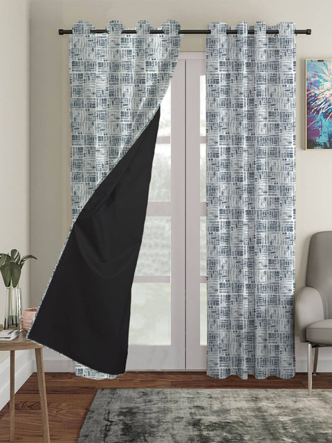 

HOUZZCODE Blue Geometric Black Out Door Curtain