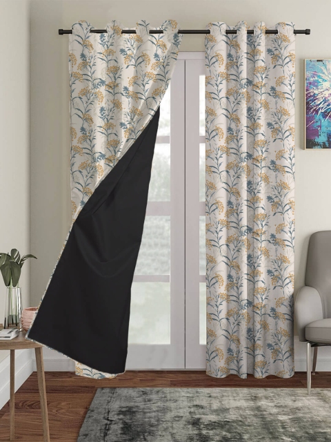 

HOUZZCODE Beige & Mustard Floral Black Out Window Curtain