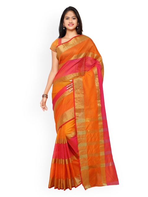 

Satrani Orange & Pink Striped Cotton & Linen Traditional Saree