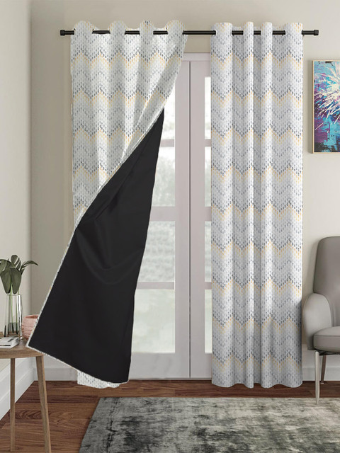 

HOUZZCODE White & Yellow Set of 2 Black Out Window Curtain