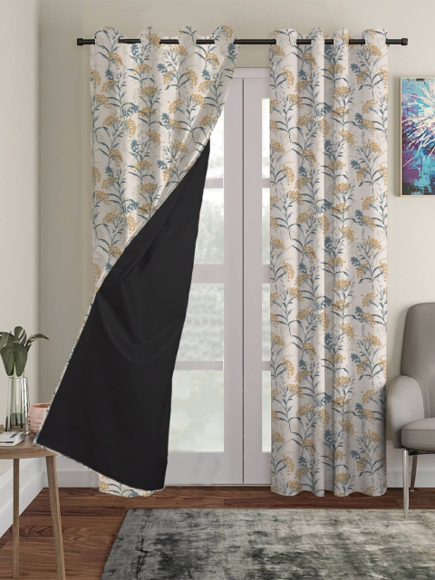 

HOUZZCODE Beige & Blue Set of 2 Floral Black Out Long Door Curtains
