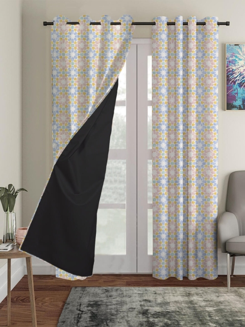 

HOUZZCODE Off White & Pink Set of 2 Floral Black Out Long Door Curtains