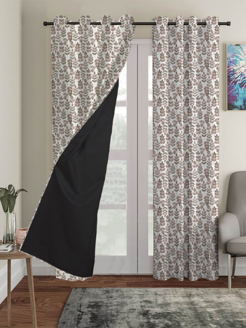 

HOUZZCODE Off White & Green Set of 2 Floral Black Out Long Door Curtains
