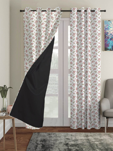 

HOUZZCODE White & Pink Set of 2 Floral Black Out Long Door Curtains