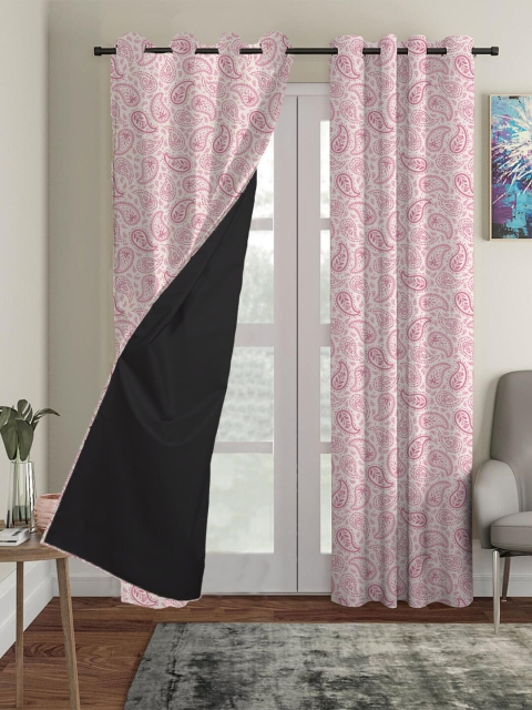 

HOUZZCODE Pink & White Set of 3 Ethnic Motifs Black Out Long Door Curtain