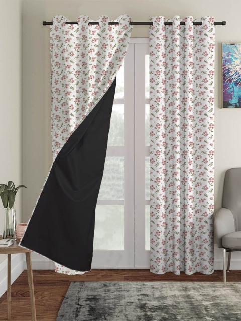 

HOUZZCODE White & Pink Set of 3 Floral Black Out Long Door Curtain