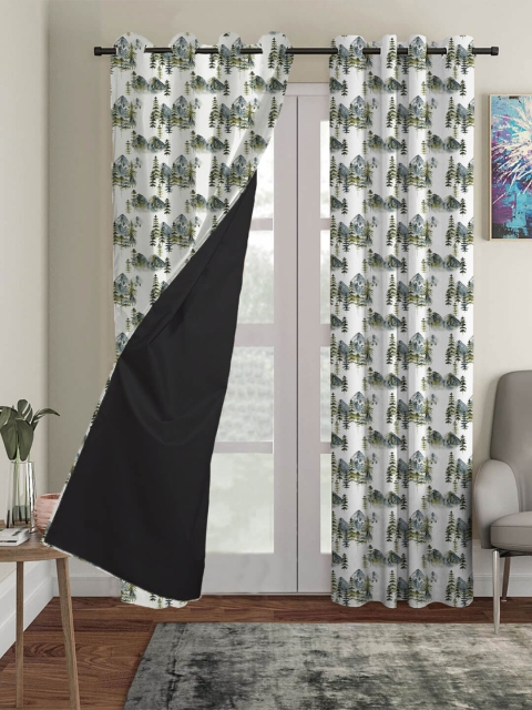

HOUZZCODE Green & White Set of 3 Printed Black Out Long Door Curtain