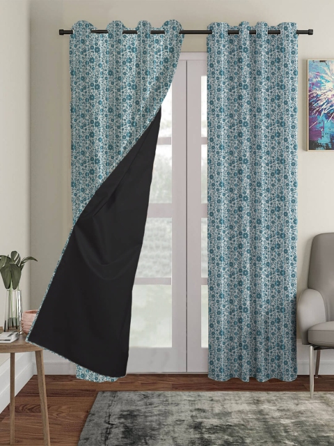 

HOUZZCODE Blue Set of 4 Floral Black Out Long Door Curtain