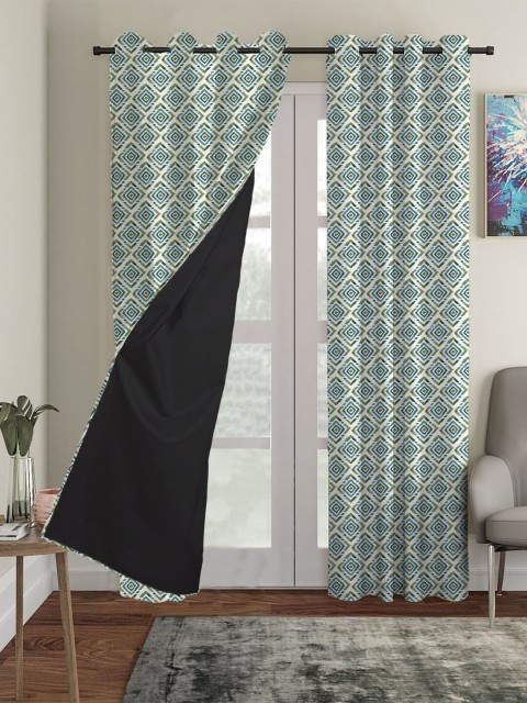 

HOUZZCODE Green & White Set of 4 Printed Geometric Black Out Long Door Curtain
