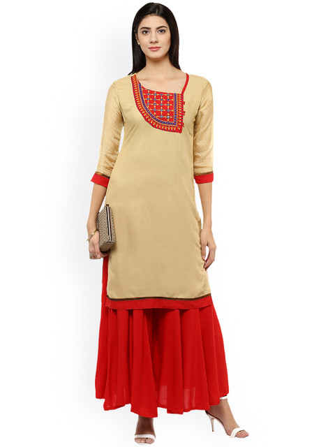 

Avaana Women Beige Straight Kurta with Embroidered Detail