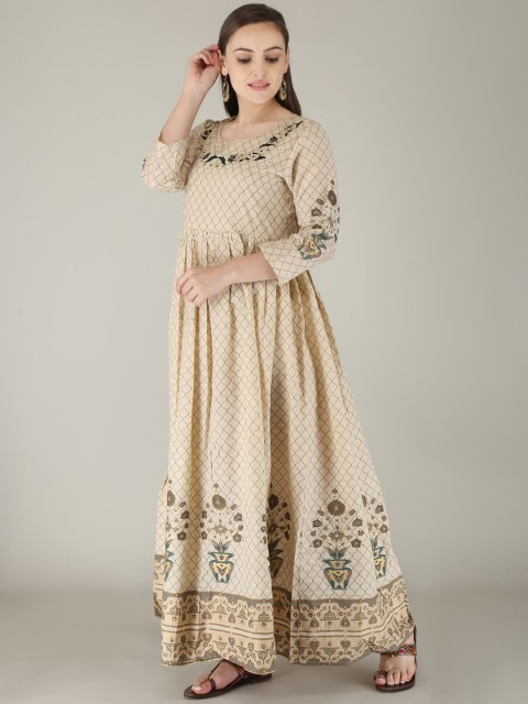 

KALINI Women Beige Ethnic Motifs Printed Layered Thread Work Pure Cotton Kurta with Churidar & With Dupatta