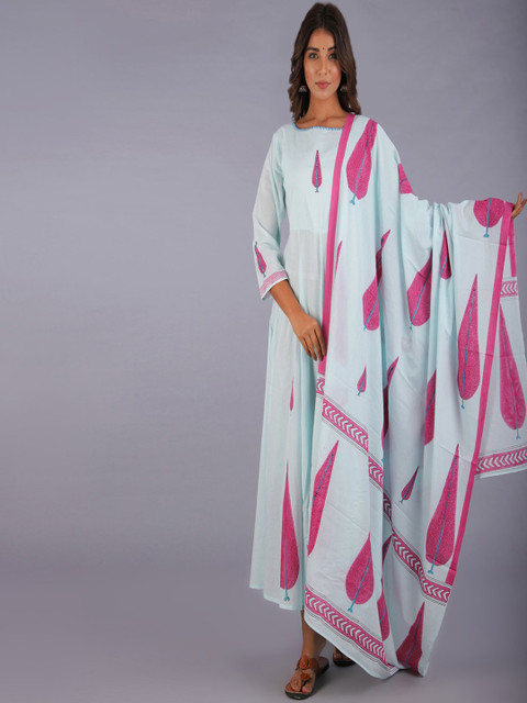 

KALINI Women Blue Striped Panelled Pure Cotton Kurti with Salwar & With Dupatta