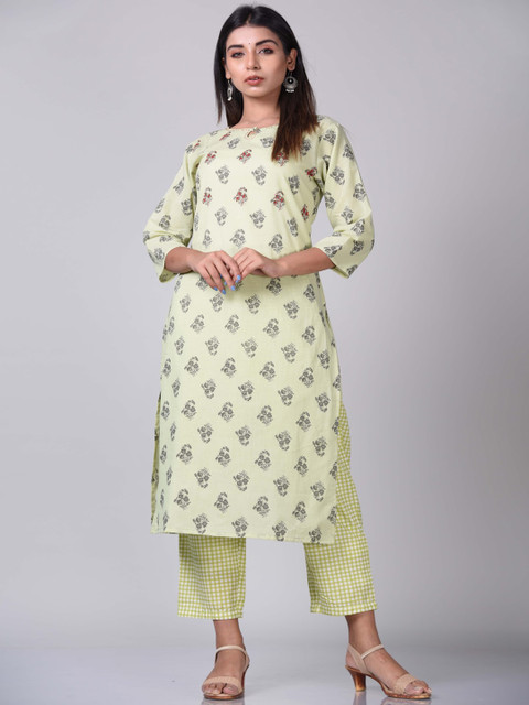 

KALINI Women Green Ethnic Motifs Printed Pure Cotton Kurta with Trousers