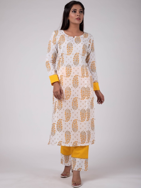 

KALINI Women White Ethnic Motifs Printed Pure Cotton Kurta with Trousers