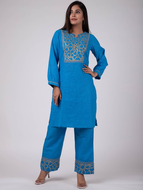 

KALINI Women Blue Yoke Design Pure Cotton Kurta with Palazzos