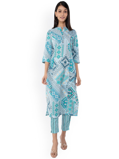 

KALINI Women Blue Floral Printed Kurti with Trousers