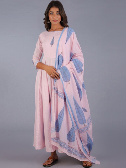 

KALINI Pink & Blue Ethnic Motifs Cotton Maxi Dress With Dupatta