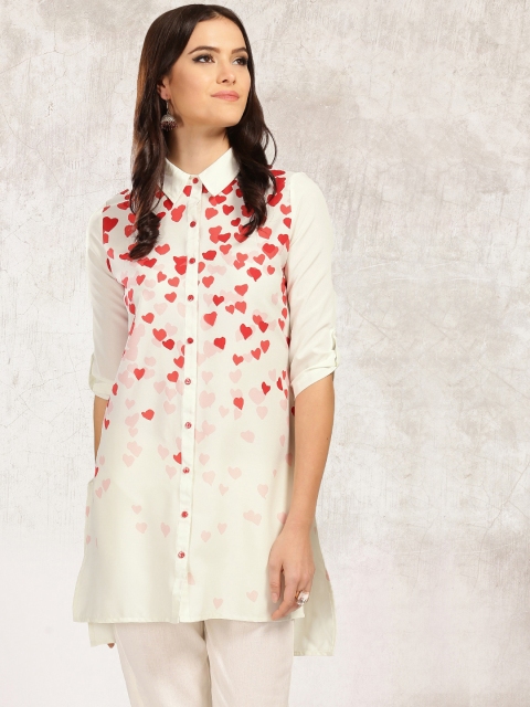 

Anouk Women Off-White & Red Printed High-Low Kurta