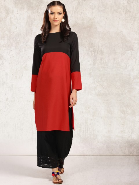

Anouk Women Red & Black Colourblocked Straight Kurta