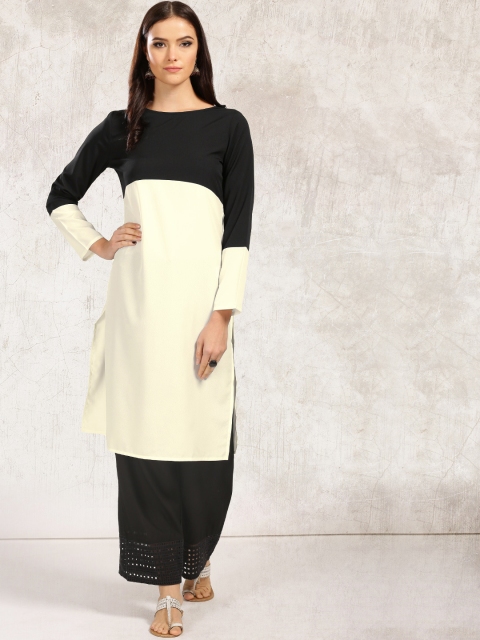 

Anouk Women Black & Cream-Coloured Solid A-Line Kurta