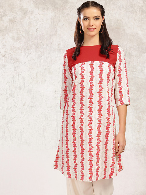 

Anouk Women Off-White & Red Floral Print Straight Kurta