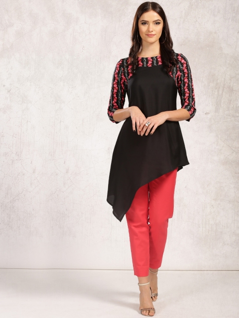 

Anouk Women Black Printed Asymmetrical Hem A-Line Kurta