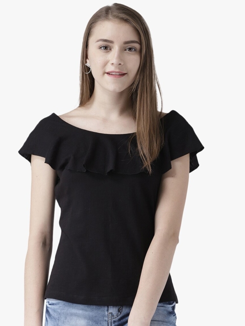 

DODO & MOA Women Black Solid Cape Sleeves Pure Cotton Top