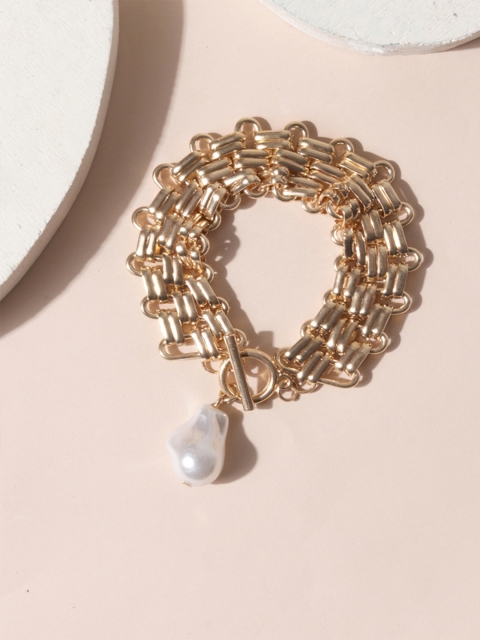 

ToniQ Women Gold-Toned & White Pearls Gold-Plated Link Bracelet