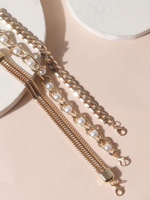 

ToniQ Women Set Of 3 Gold-Toned & White Pearls Gold-Plated Link Bracelet