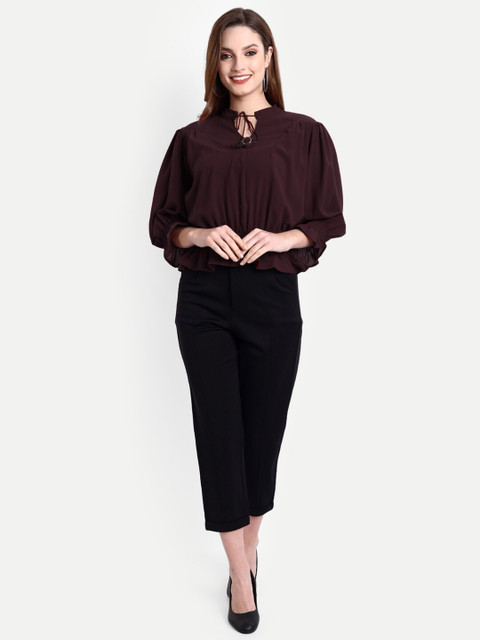 

BROADSTAR Maroon Tie-Up Neck Crepe Sheath Midi Dress