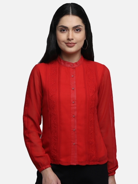 

Yaadleen Women Red Mandarin Collar Shirt Style Top