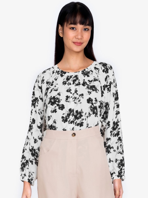 

ZALORA BASICS White & Black Floral Print Top