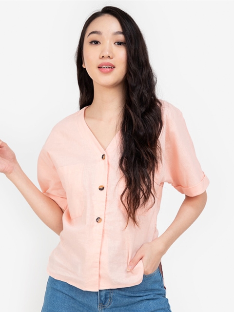 

ZALORA BASICS Pink Linen Utility Rolled Cuff Shirt-Style Top