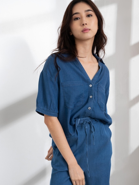 

ZALORA BASICS Blue Shirt Style Crop Top