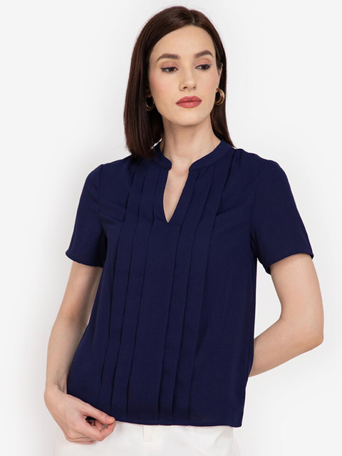 

ZALORA WORK Navy Blue Mandarin Collar Pleated Top