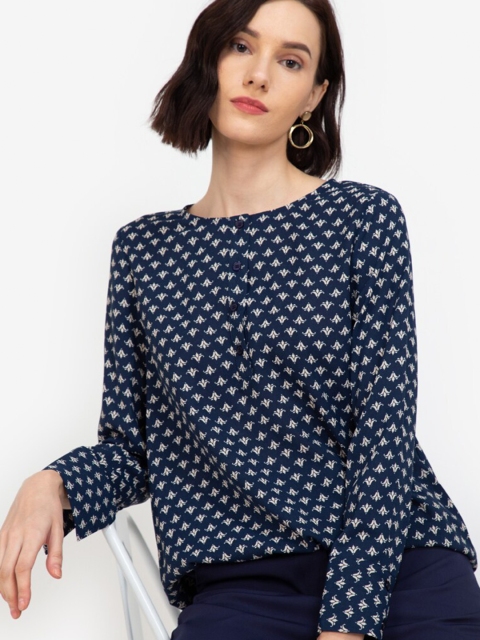 

ZALORA WORK Navy Blue & Beige Print Top