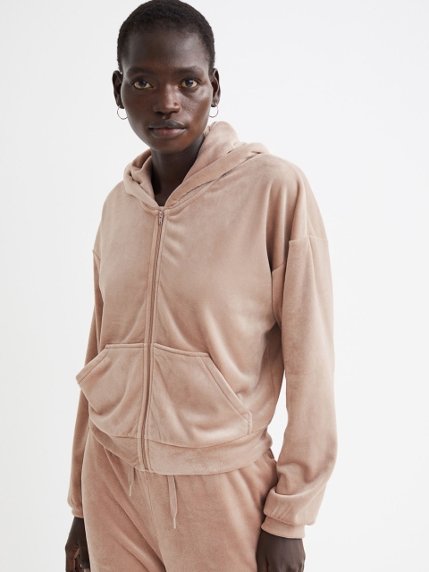 

H&M Women Beige Solid Velour Zip-Through Hoodie