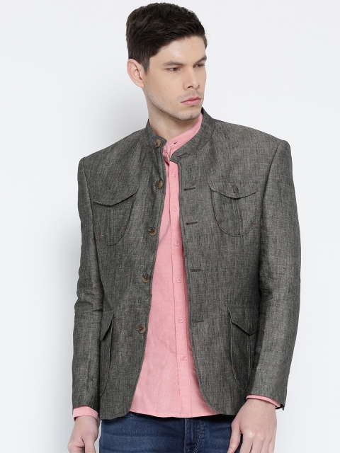 

Blackberrys Grey Linen Patterned Slim fit Single-Breasted Blazer
