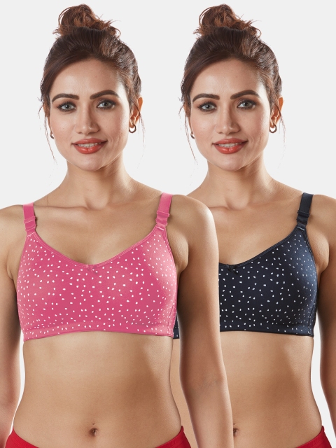 

Sonari Pack Of 2 Pink & Navy Blue Abstract Cotton Blend T-Shirt Bras nivyacoralnblue32B