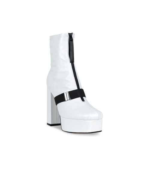 

London Rag White Block Heeled Boots with Buckles